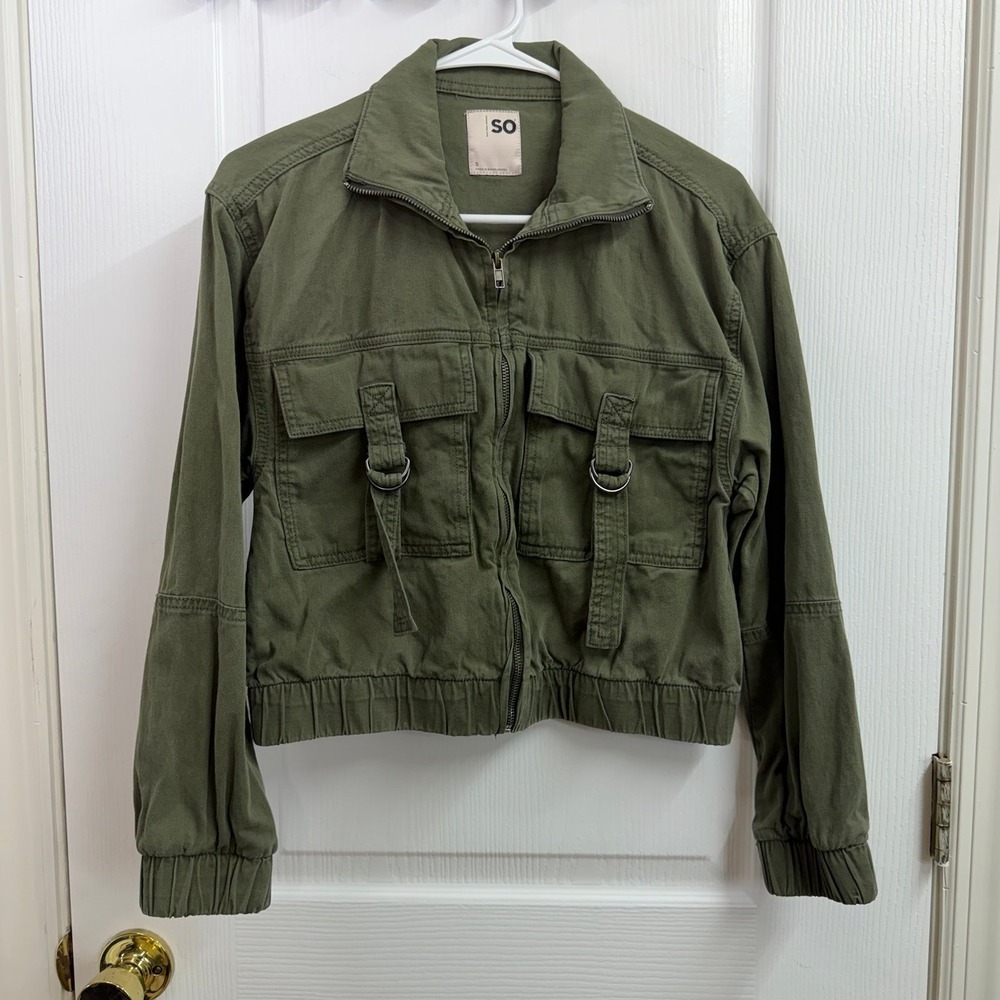 SO green cargo utility silver buckle zip cropped jacket casual small 100% cotton